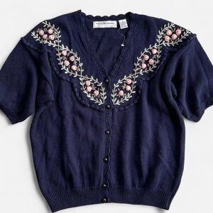 Vintage Maggie Lawrence Collection Navy Knit Pink Embroidered Flowers Sweater